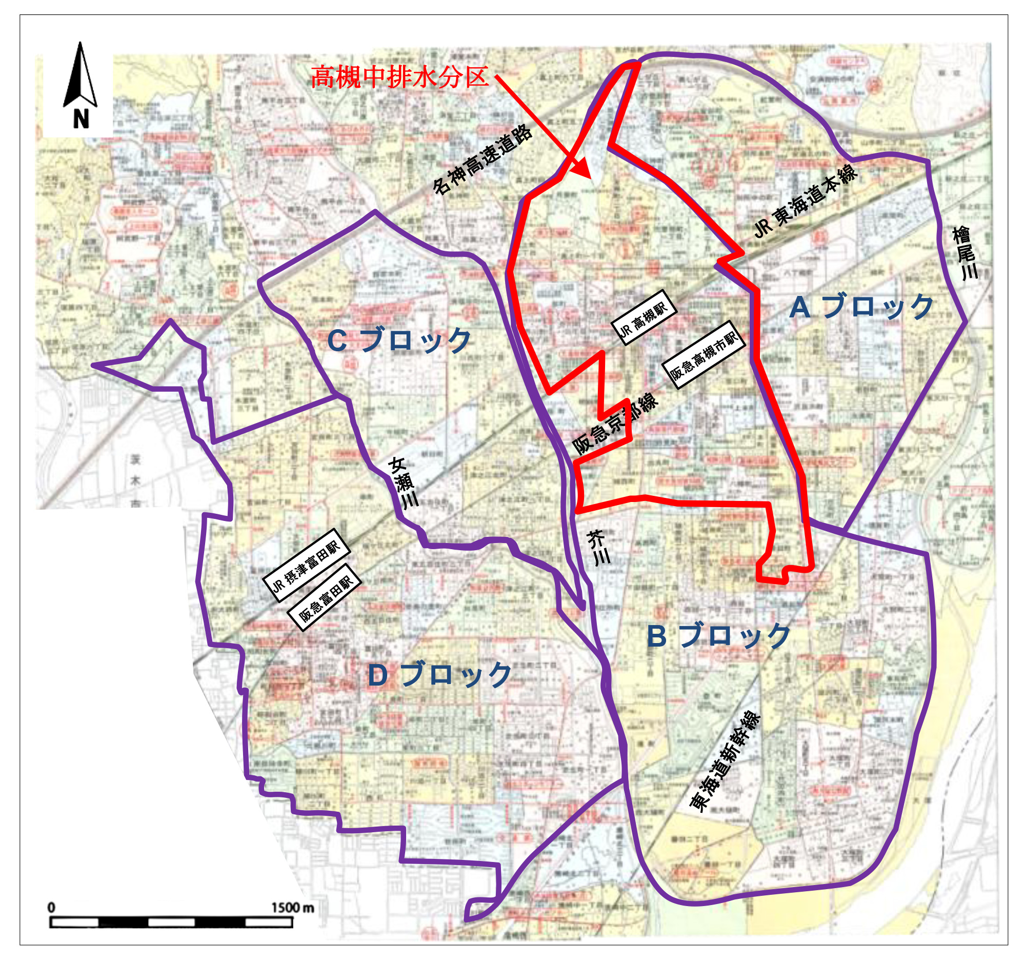 重点地区の地区A・B・C・Dブロック。赤ラインが最重点地区